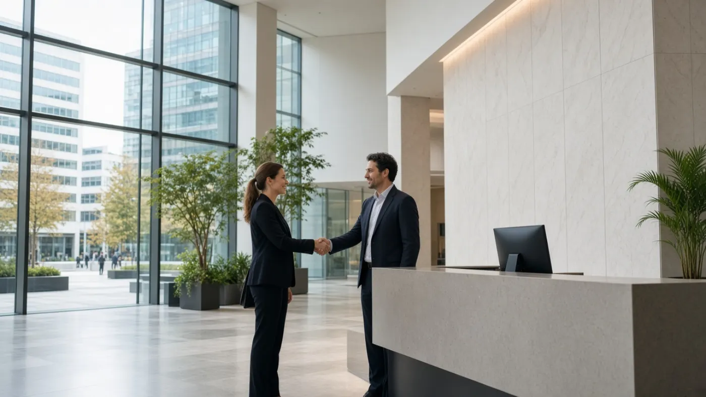 Twee professionals begroeten elkaar in de lobby van een kantoor op de Amsterdamse Zuidas