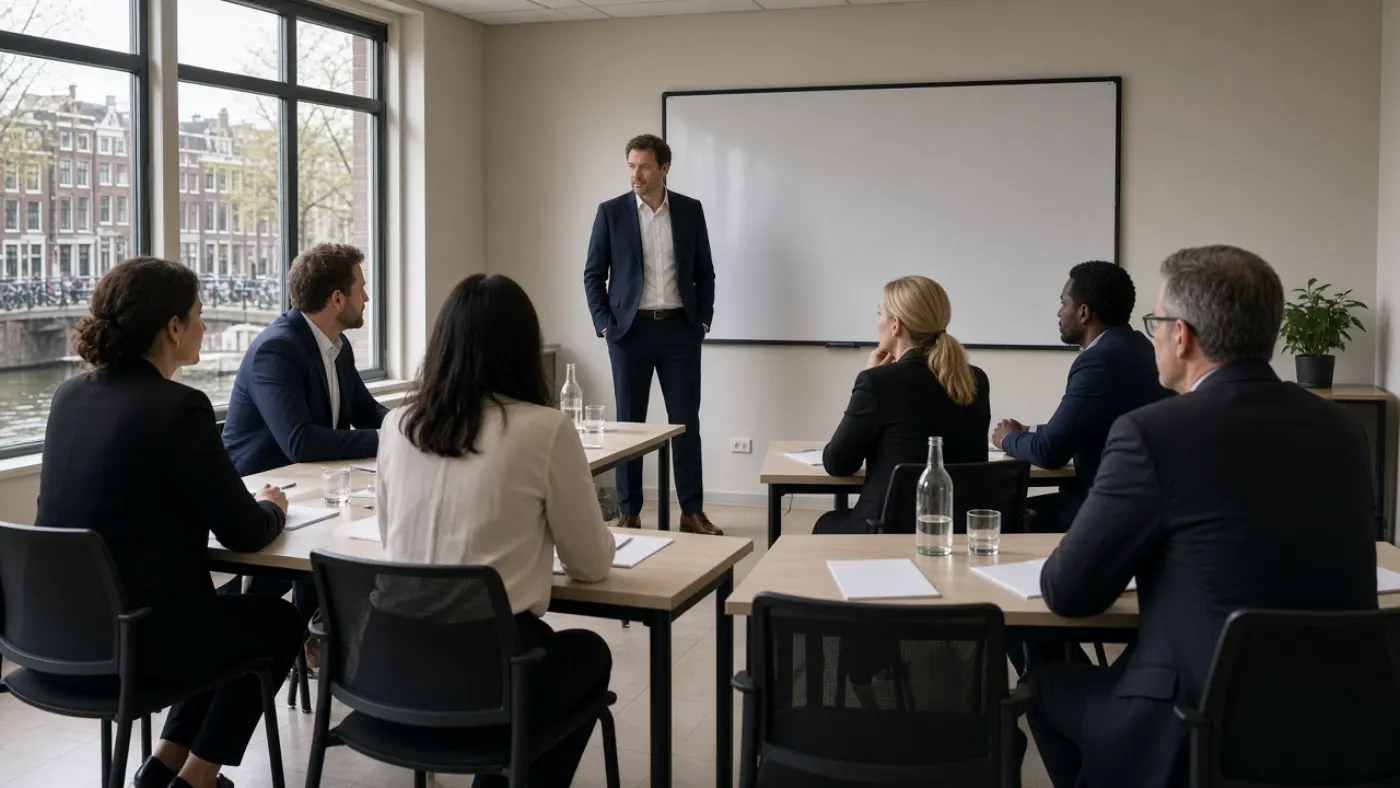 Volwassenen volgen een business English cursus in een lokaal met uitzicht op Amsterdam