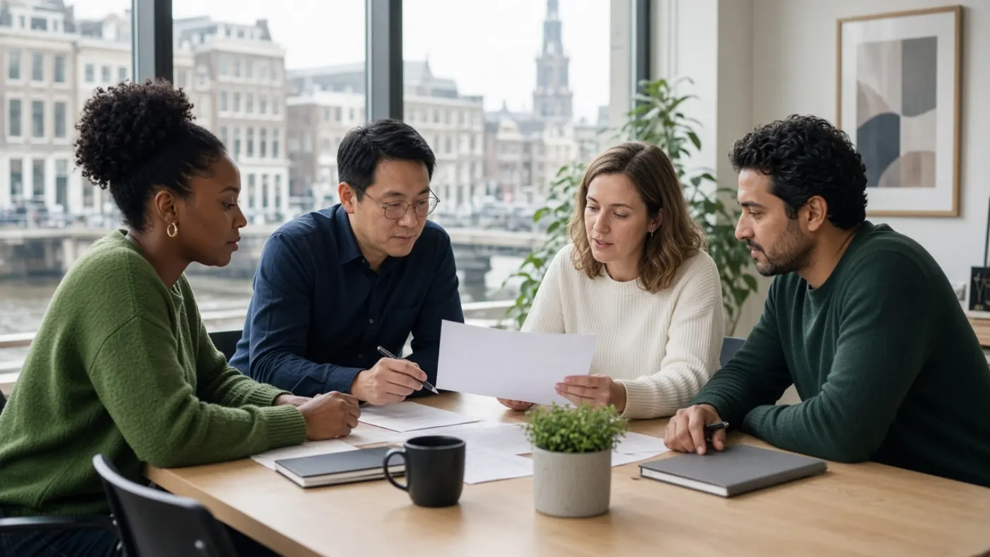 Internationaal team bespreekt een dossier in het Engels in een kantoor in Amsterdam