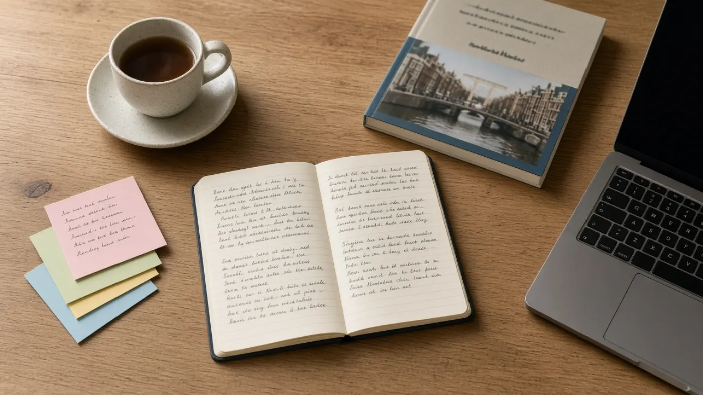 Notities en materiaal voor een les zakelijk Engels liggen op een tafel in Amsterdam