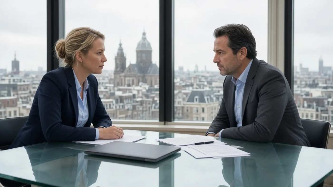 Twee professionals onderhandelen in het Engels aan een glazen tafel in Amsterdam