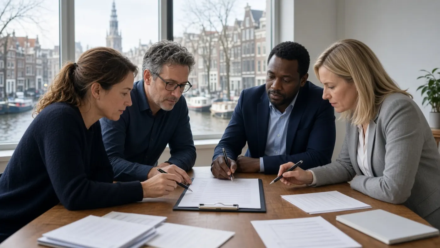 Trainer en deelnemers lopen een leerchecklist voor business English na in Amsterdam