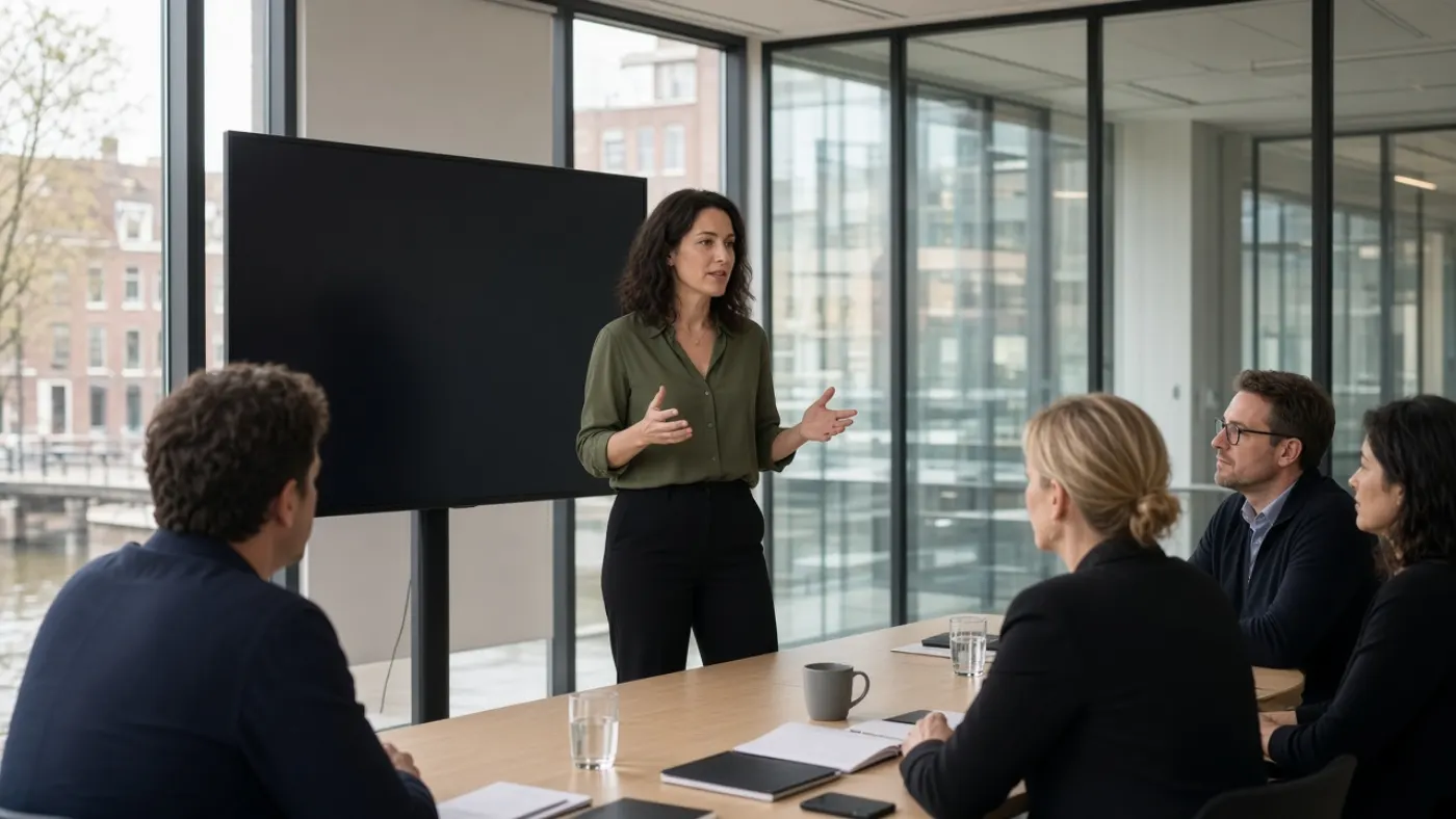 Vrouw presenteert in het Engels voor collega's in een glazen zaal in Amsterdam
