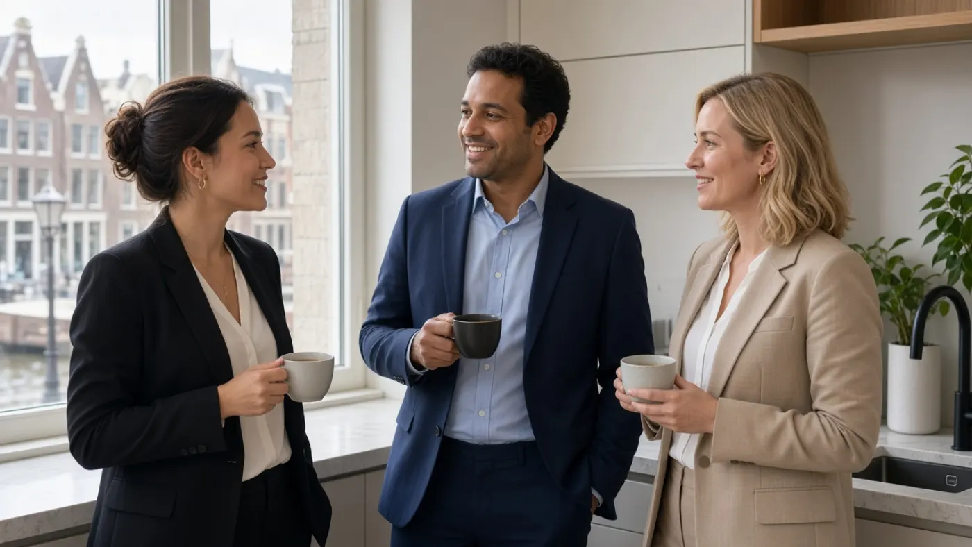 Drie professionals voeren kort zakelijk small talk bij de koffie in een Amsterdams kantoor