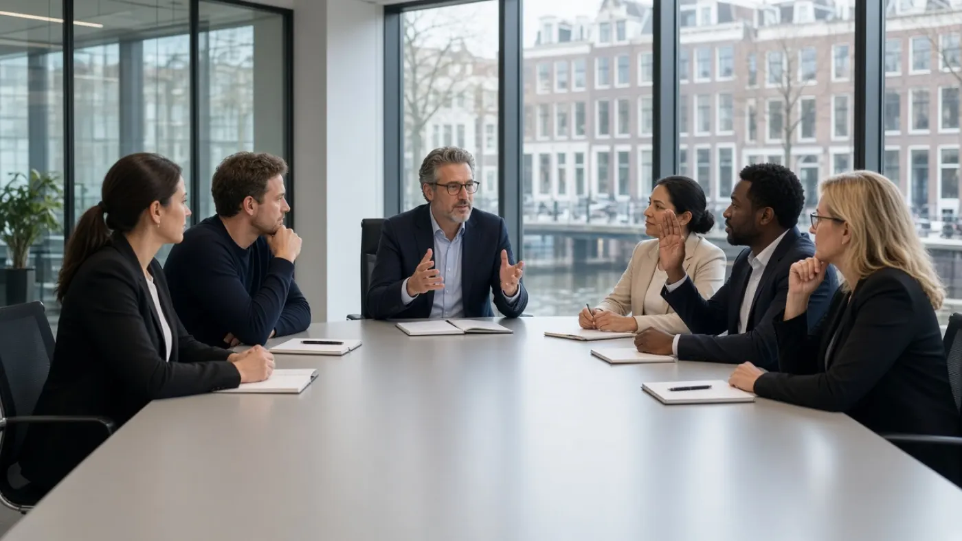 Voorzitter leidt een vergadering in het Engels met collega's in een kantoor in Amsterdam