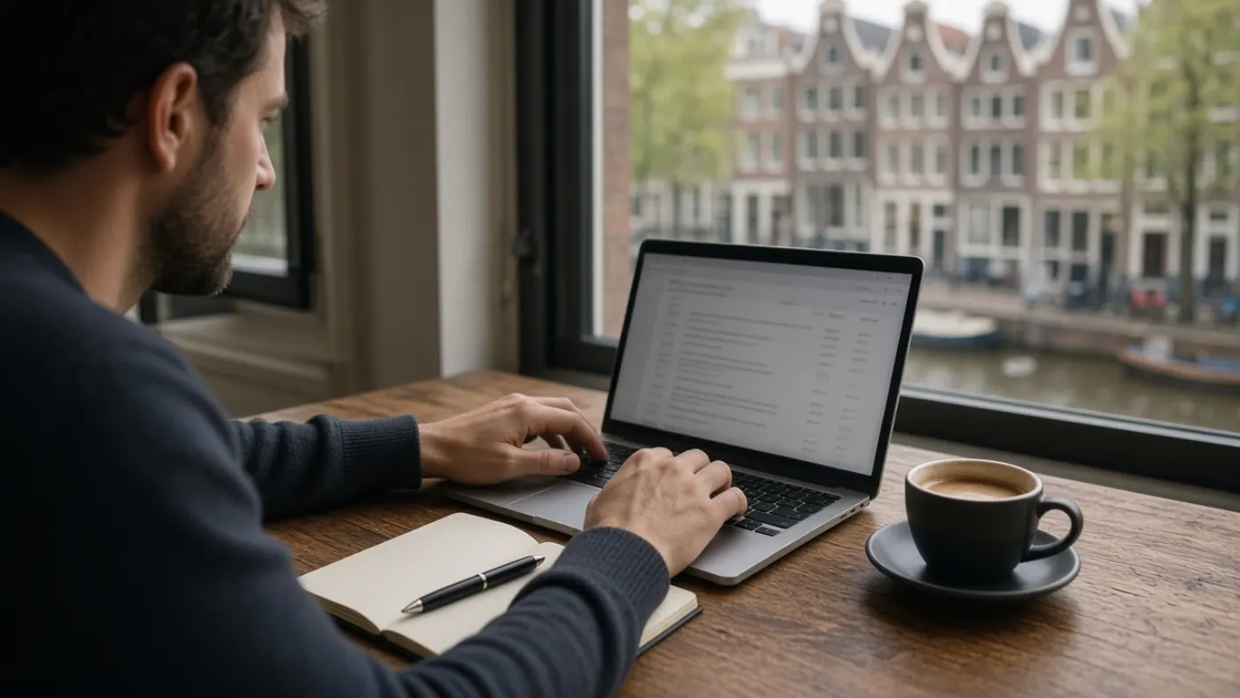 Professional herschrijft een zakelijke e-mail in het Engels bij daglicht in Amsterdam